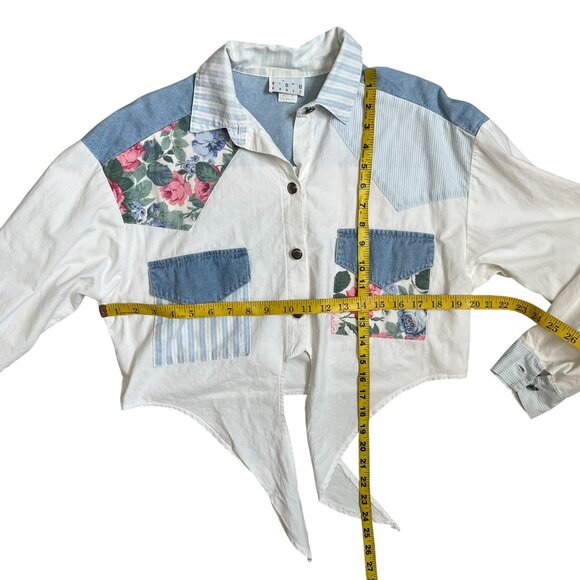 Vintage White YOU Babes Cropped Patchwork Button Front Shirt Medium USA Made - Picture 10 of 10